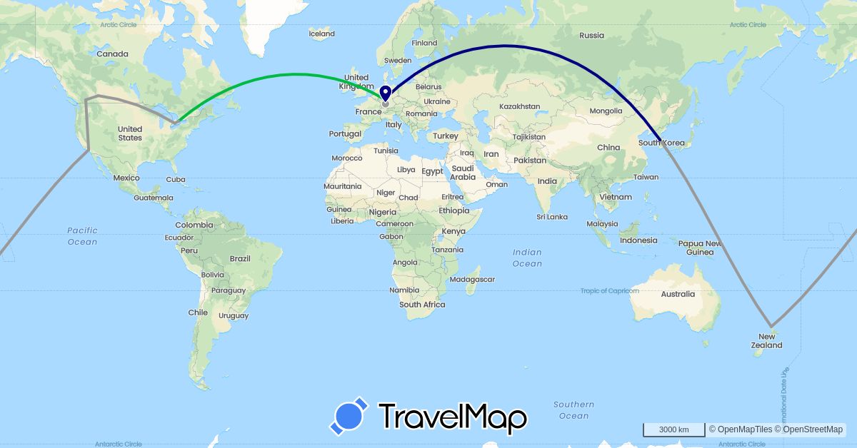 TravelMap itinerary: driving, bus, plane in Canada, Germany, South Korea, New Zealand, United States (Asia, Europe, North America, Oceania)